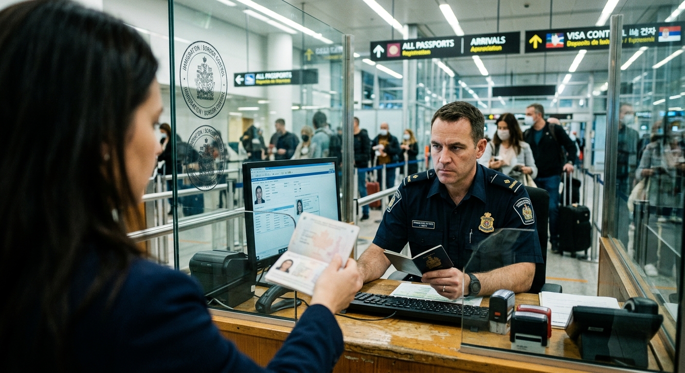 נוסעת מציגה דרכון לקצין ביקורת גבולות בעמדת הפיקוח בנמל התעופה